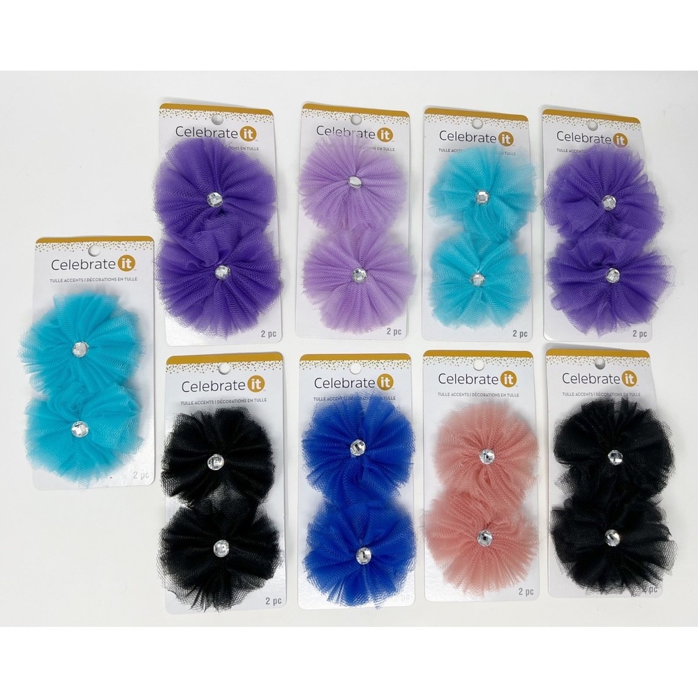 9 Set Lot of Tulle Mesh Flowers with Rhinestone Center